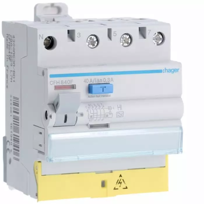 Hager CFH RCCB, 40A, 3P+N Pole, 300mA, Type A-HI, 230 - 400V ac, CFH840F