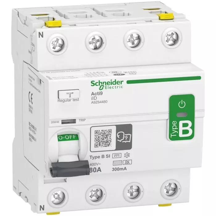 Schneider Electric Type B-SI 4 Pole Acti9 Range 80 A RCCB, A9Z64480