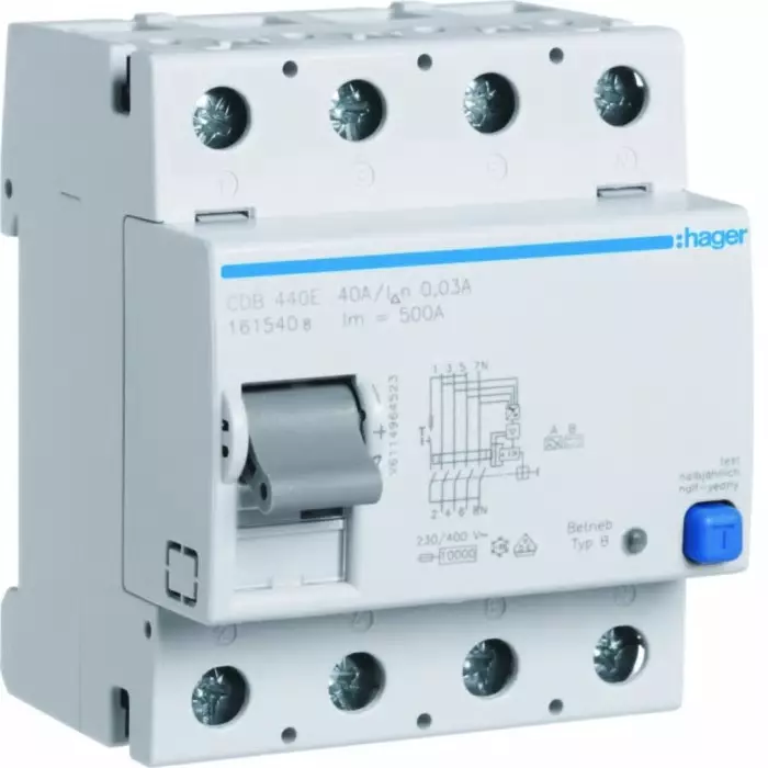 Hager CDB RCCB, 40A, 4 Pole, 30mA, Type B, 230 - 400V ac, CDB440E