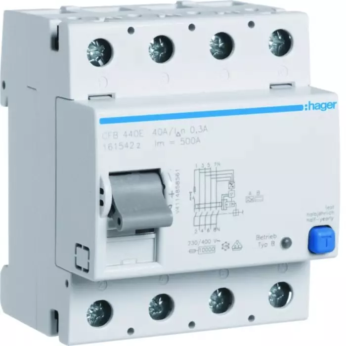 Hager CFB RCCB, 40A, 4 Pole, 300mA, Type B, 230 - 400V ac, CFB440E