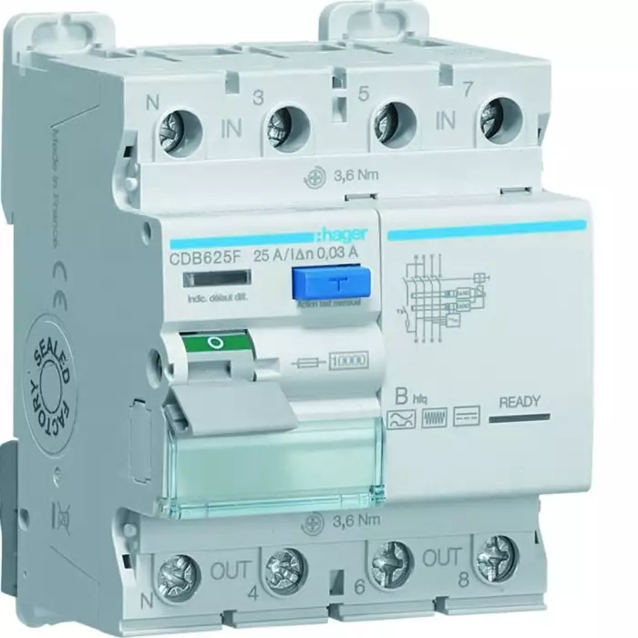 Hager CDB RCCB, 25A, 3P+N Pole, 30mA, Type B, 230 - 400V ac, CDB625F