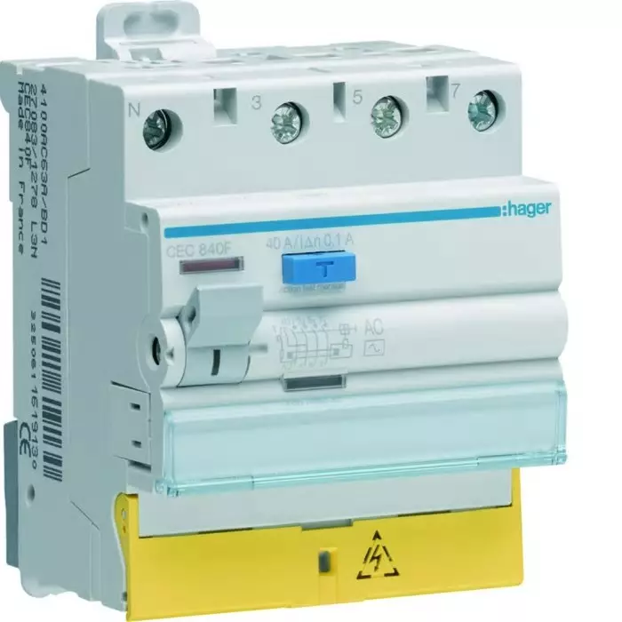 Hager CEC RCCB, 40A, 3P+N Pole, 100mA, Type AC, 230 - 400V ac, CEC840F