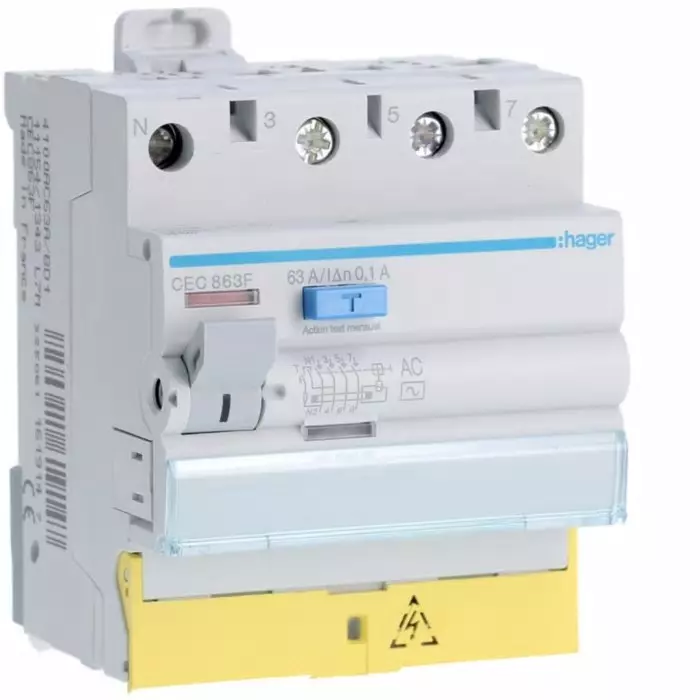 Hager CEC RCCB, 63A, 3P+N Pole, 100mA, Type AC, 230 - 400V ac, CEC863F