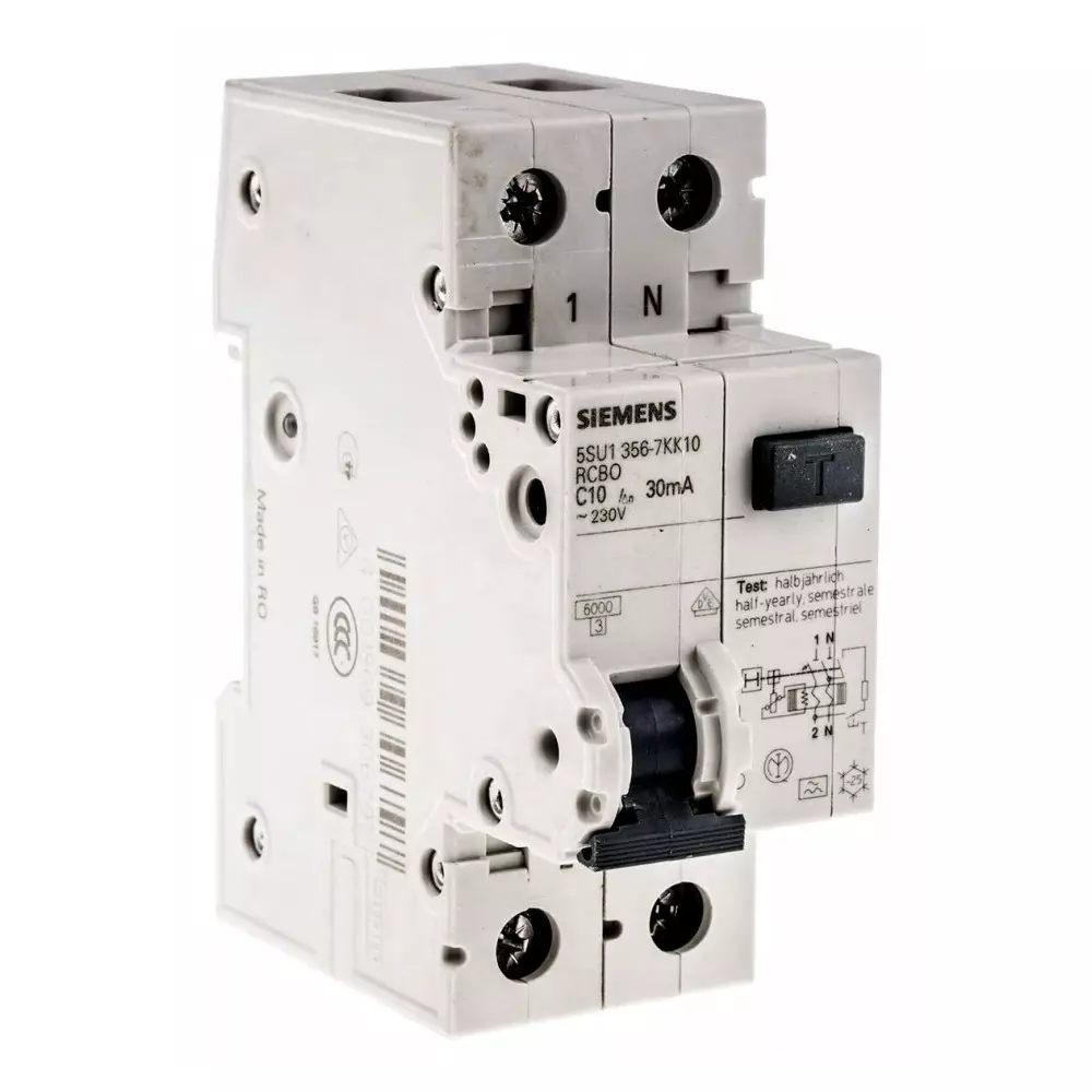Siemens RCBO, 10A Current Rating, 1P+N Poles, 30mA Trip Sensitivity, Type C, Sentron Range, 5SU1356-7KK10