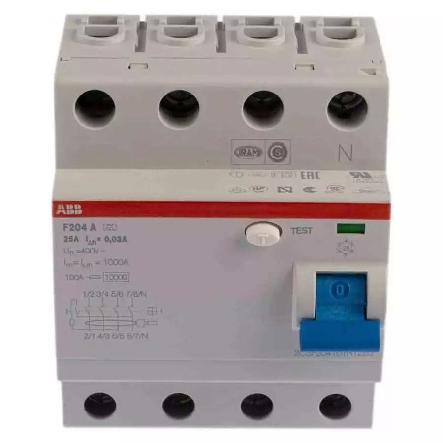 ABB F200 RCCB, 25A, 4 Pole, 30mA, Type A, 2CSF204101R1250