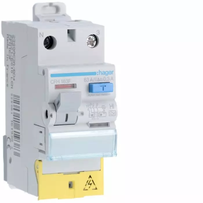 Hager CFH RCCB, 63A, 1P+N Pole, 300mA, Type A-HI, 230V ac, CFH163F