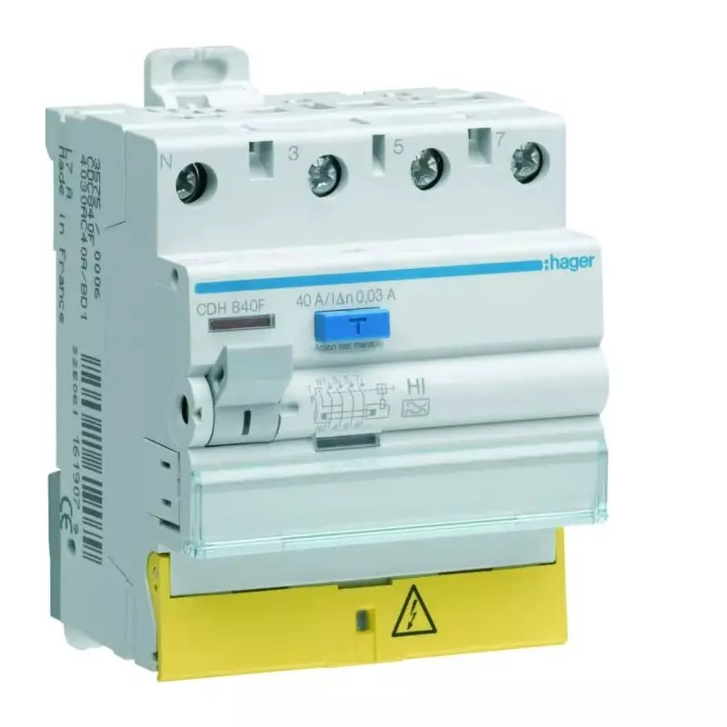 Hager CDH RCCB, 40A, 3P+N Pole, 30mA, Type A-HI, 230 - 400V ac, CDH840F