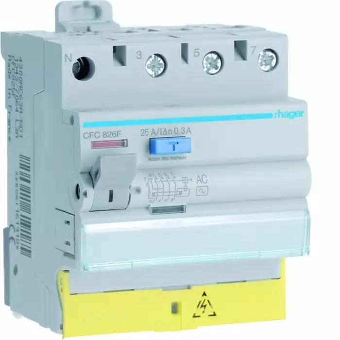Hager CFC RCCB, 25A, 3P+N Pole, 300mA, Type AC, 230 - 400V ac, CFC826F