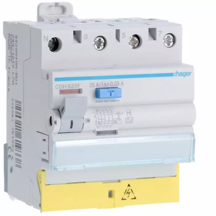 Hager CDH RCCB, 25A, 3P+N Pole, 30mA, Type A-HI, 230 - 400V ac, CDH825F