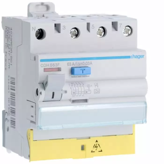 Hager CDH RCCB, 63A, 3P+N Pole, 30mA, Type A-HI, 230 - 400V ac, CDH863F