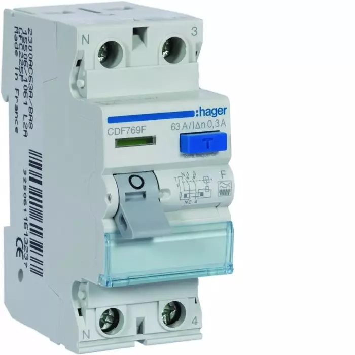 Hager CDF RCCB, 63A, 2 Pole, 30mA, Type F, 230V ac, CDF769F