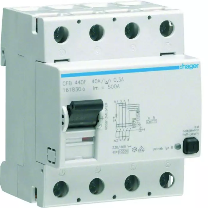 Hager CFB RCCB, 40A, 4 Pole, 300mA, Type B, 230 - 400V ac, CFB440F