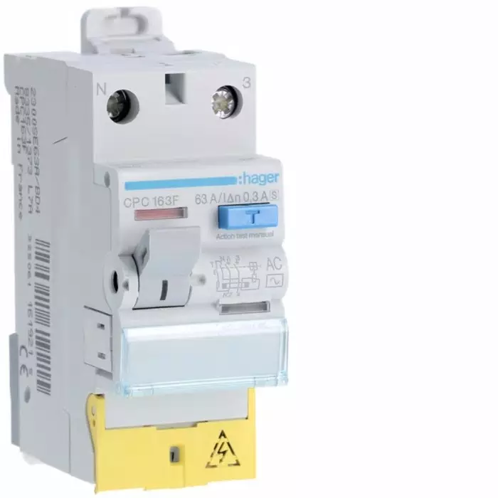 Hager CPC RCCB, 63A, 1P+N Pole, 300mA, Type AC, 230V ac, CPC163F