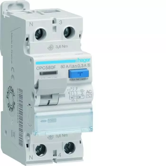 Hager CPC RCCB, 80A, 1P+N Pole, 300mA, Type AC, 230V ac, CPC580F