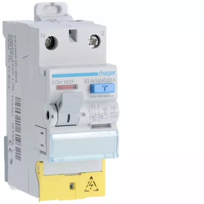 Hager CDH RCCB, 63A, 1P+N Pole, 30mA, Type A-HI, 230V ac, CDH163F