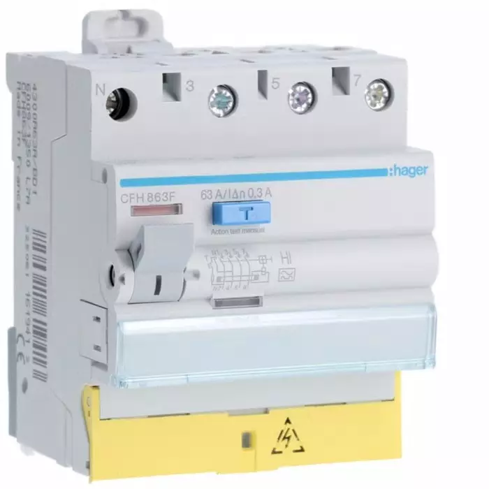 Hager CFH RCCB, 63A, 3P+N Pole, 300mA, Type A-HI, 230 - 400V ac, CFH863F