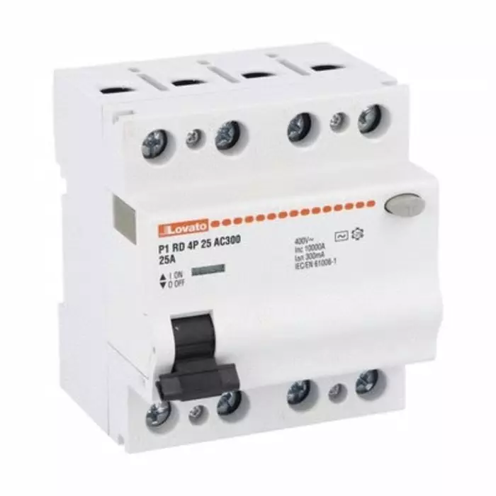 Lovato P1RD Residual Current Circuit Breaker, 25A, 4 Pole, 300mA, Type AC, 230 V AC, 400 V AC, P1RD4P25AC300