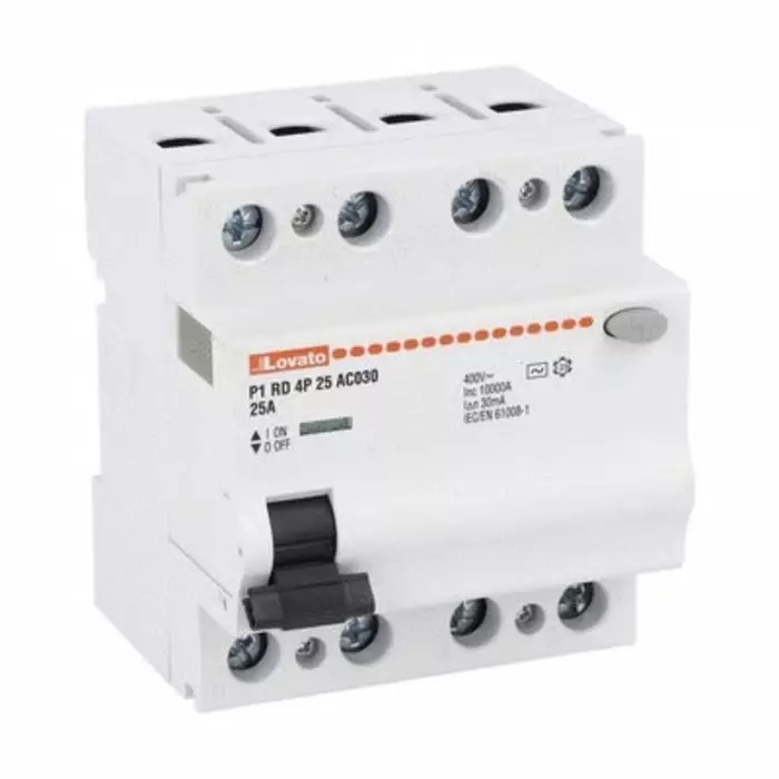 Lovato P1RD Residual Current Circuit Breaker, 25A, 4 Pole, 30mA, Type AC, 230 V AC, 400 V AC, P1RD4P25AC030