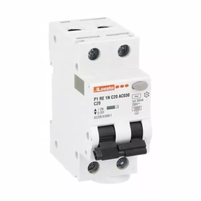 Lovato RCBO, 20A Current Rating, 1P+N Poles, 30 mA Trip Sensitivity, Type C, P1 Range, P1RE1NC20AC030