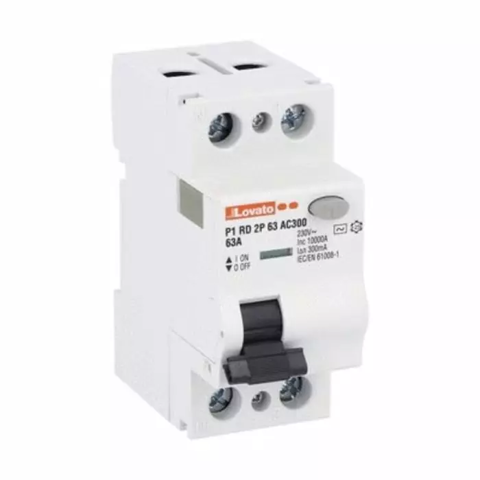 Lovato P1RD Residual Current Circuit Breaker, 63A, 2 Pole, 300mA, Type AC, 230 V AC, P1RD2P63AC300
