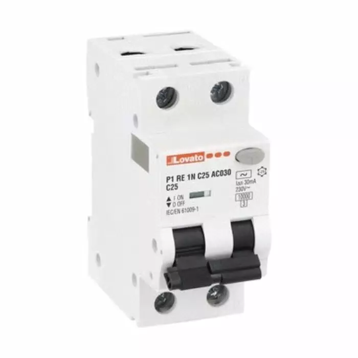 Lovato RCBO, 25A Current Rating, 1P+N Poles, 30 mA Trip Sensitivity, Type C, P1 Range, P1RE1NC25AC030