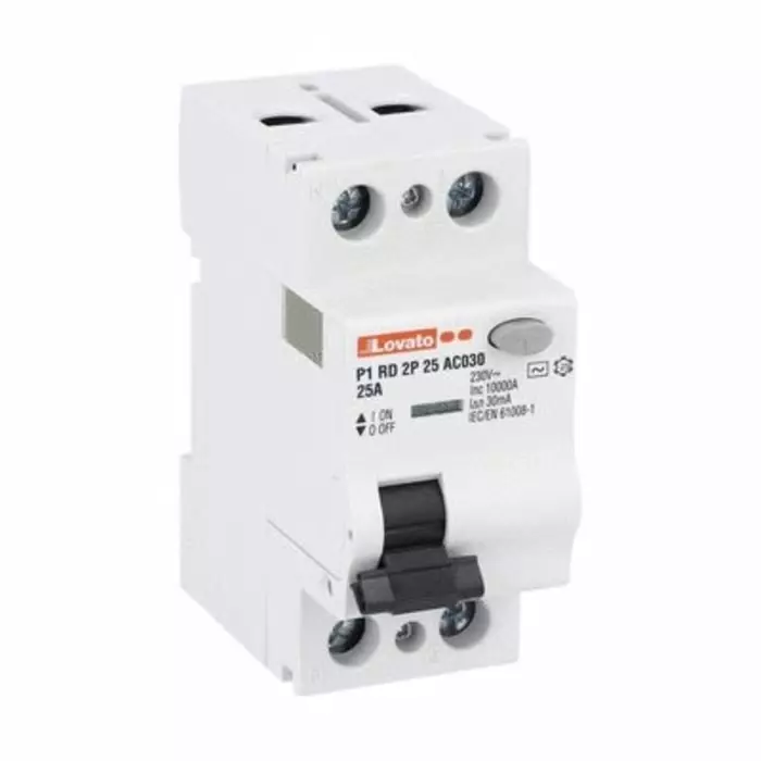 Lovato P1RD Residual Current Circuit Breaker, 25A, 2 Pole, 30mA, Type AC, 230 V AC, P1RD2P25AC030
