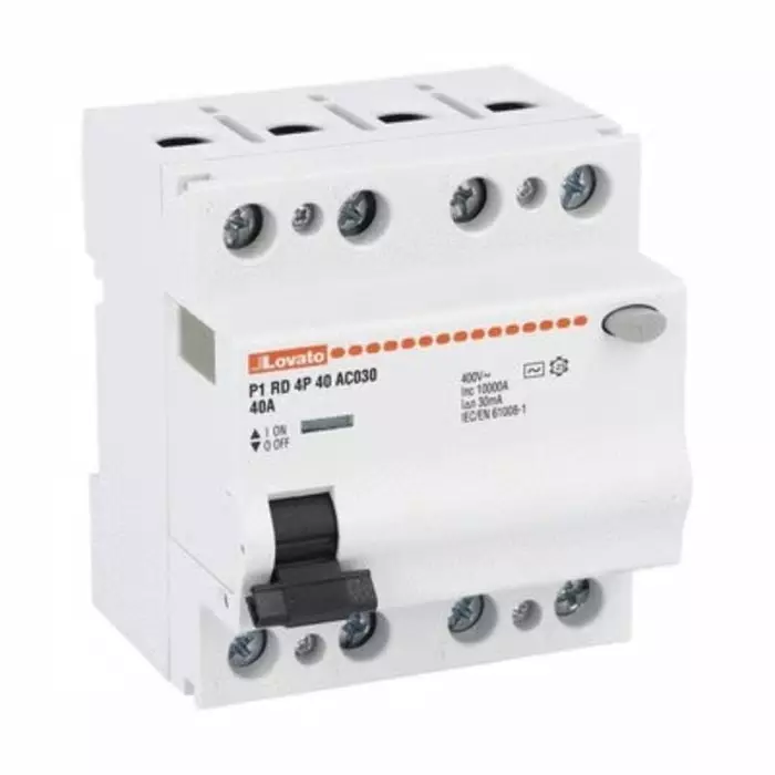 Lovato P1RD Residual Current Circuit Breaker, 40A, 4 Pole, 30mA, Type AC, 230 V AC, 400 V AC, P1RD4P40AC030