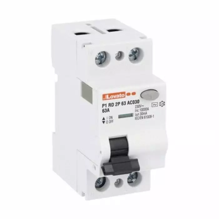 Lovato P1RD Residual Current Circuit Breaker, 63A, 2 Pole, 30mA, Type AC, 230 V AC, P1RD2P63AC030