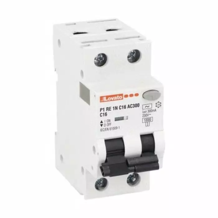 Lovato RCBO, 16A Current Rating, 1P+N Poles, 300 mA Trip Sensitivity, Type C, P1 Range, P1RE1NC16AC300