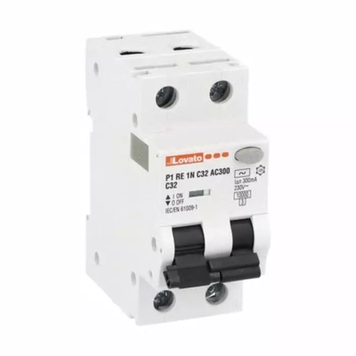 Lovato RCBO, 32A Current Rating, 1P+N Poles, 300 mA Trip Sensitivity, Type C, P1 Range, P1RE1NC32AC300