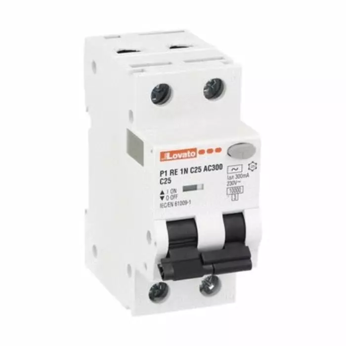 Lovato RCBO, 25A Current Rating, 1P+N Poles, 300 mA Trip Sensitivity, Type C, P1 Range, P1RE1NC25AC300