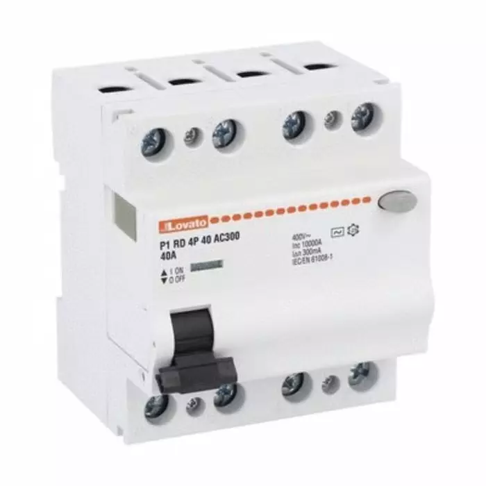 Lovato P1RD Residual Current Circuit Breaker, 40A, 4 Pole, 300mA, Type AC, 230 V AC, 400 V AC, P1RD4P40AC300