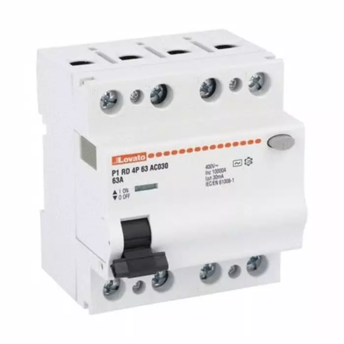 Lovato P1RD Residual Current Circuit Breaker, 63A, 4 Pole, 30mA, Type AC, 230 V AC, 400 V AC, P1RD4P63AC030