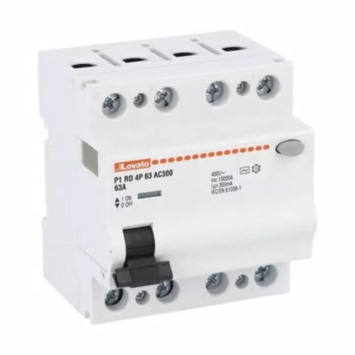 Lovato P1RD Residual Current Circuit Breaker, 63A, 4 Pole, 300mA, Type AC, 230 V AC, 400 V AC, P1RD4P63AC300
