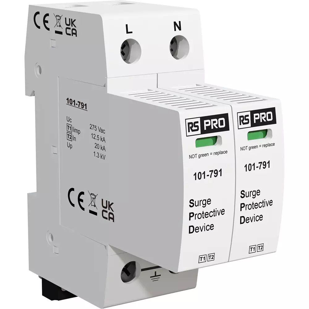 RS PRO Industrial Surge Protector DIN Rail Mount 1.35 kV Voltage 40 kA 36 mm Length, 101791