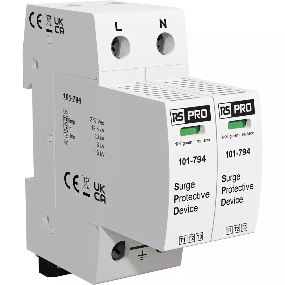 RS PRO Industrial Surge Protector DIN Rail Mount 1.35 kV Voltage 50 kA 36 mm Length, 101794