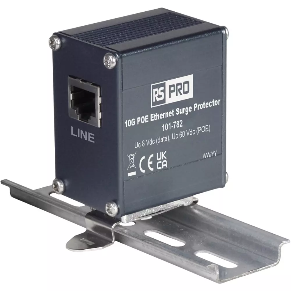 RS PRO Industrial Surge Protector DIN Rail Mount 55 mm 10 Gigabit Ethernet POE -40°C 85°C 2000 Amp, 101782