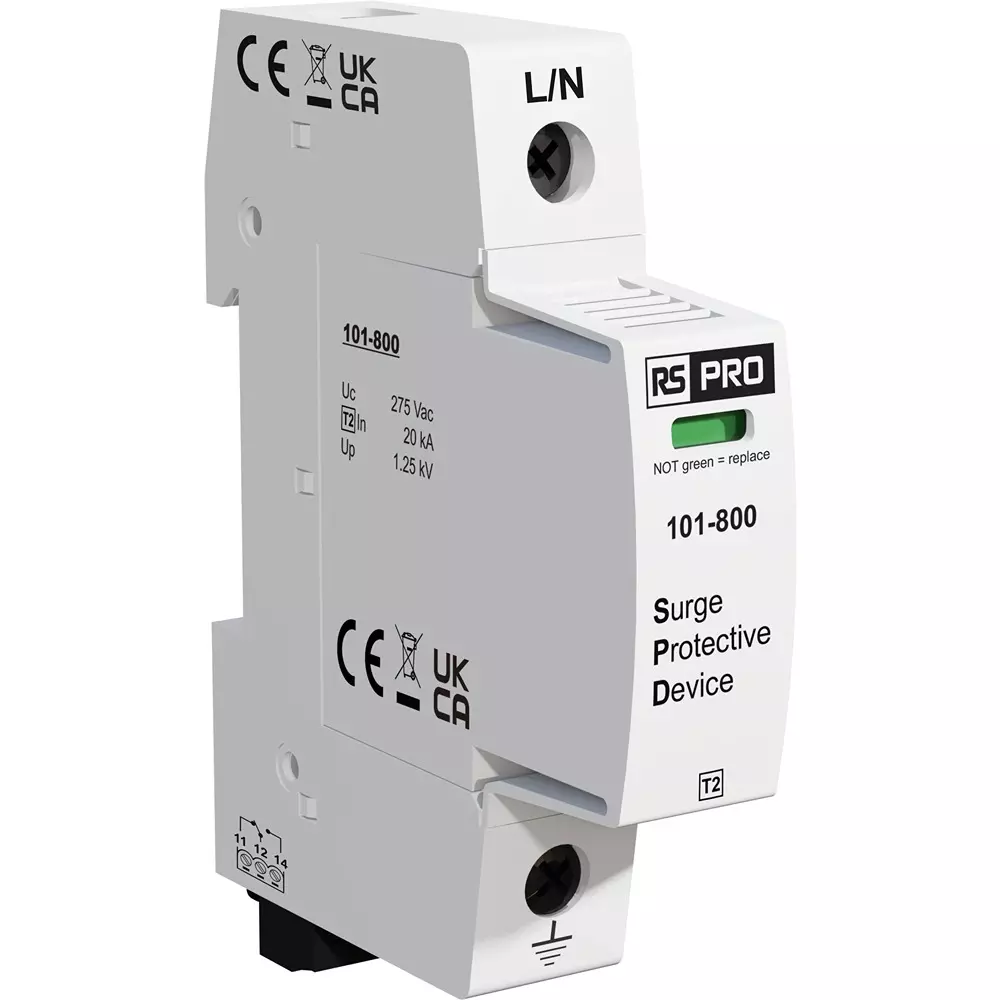 RS PRO Industrial Surge Protector DIN Rail Mount 1.25 kV Voltage 50 kA 18 mm Length, 101800