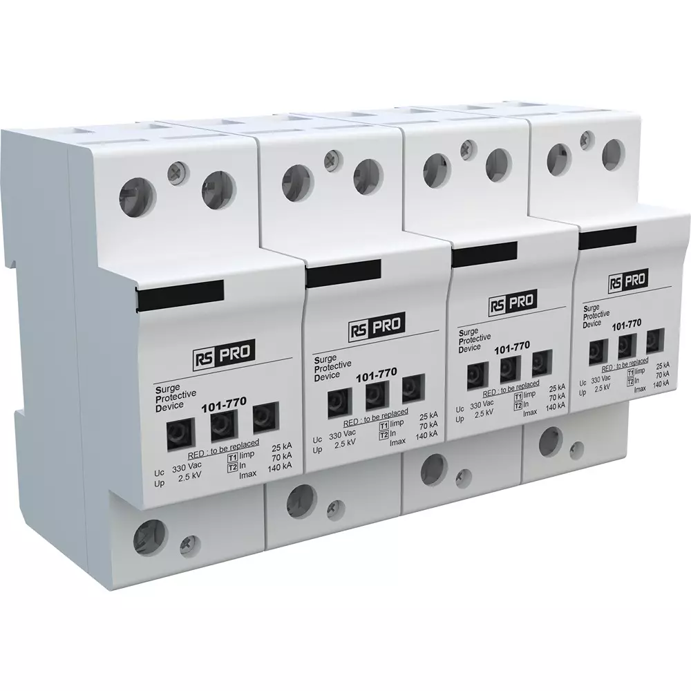 RS PRO Industrial Surge Protector DIN Rail Mount 90 mm -40°C 85°C 3 140 kA, 101770