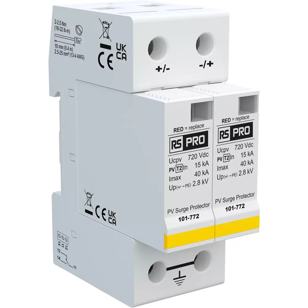 RS PRO Industrial Surge Protector DIN Rail Mount 2.8 kV Voltage 40 kA 36 mm Length, 101772