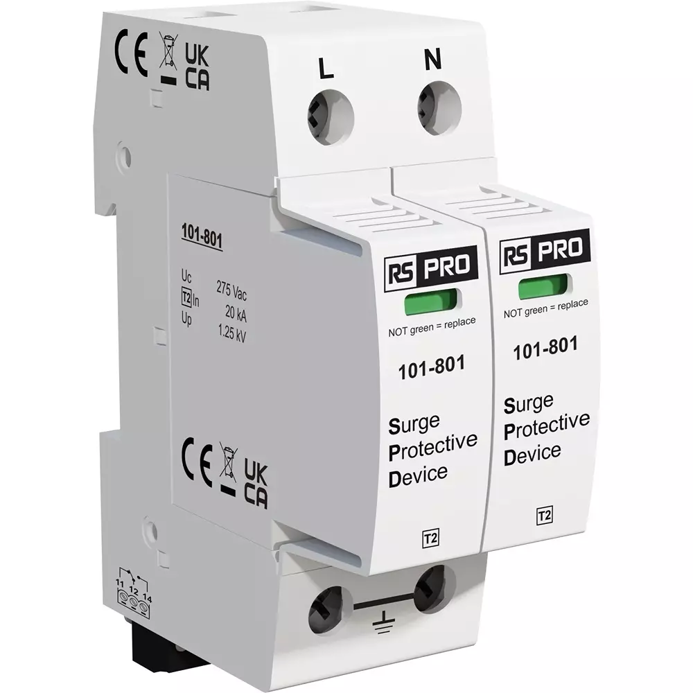 RS PRO Industrial Surge Protector DIN Rail Mount 90 mm -40°C 85°C 50 kA 1.25 kV, 101801