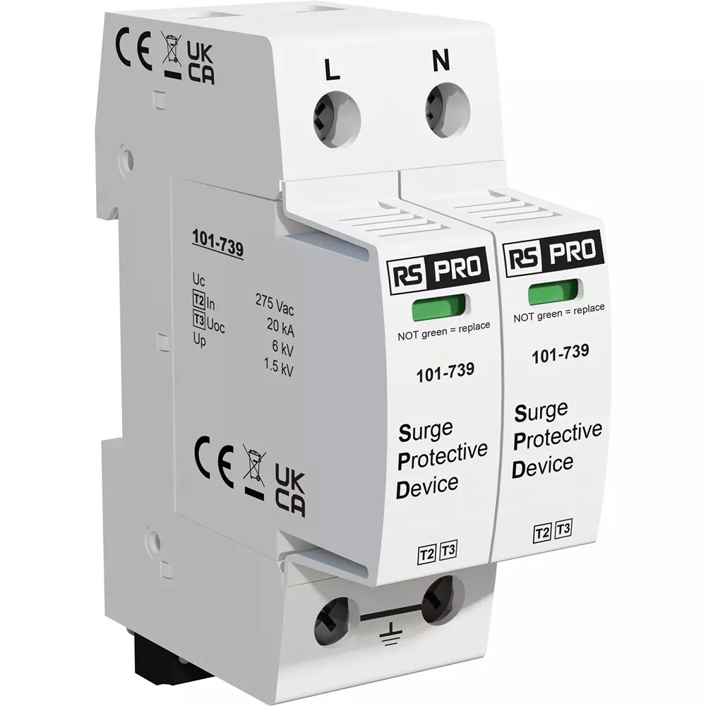 RS PRO Industrial Surge Protector DIN Rail Mount 90 mm -40°C 85°C 50 kA 1.5 kV, 101739