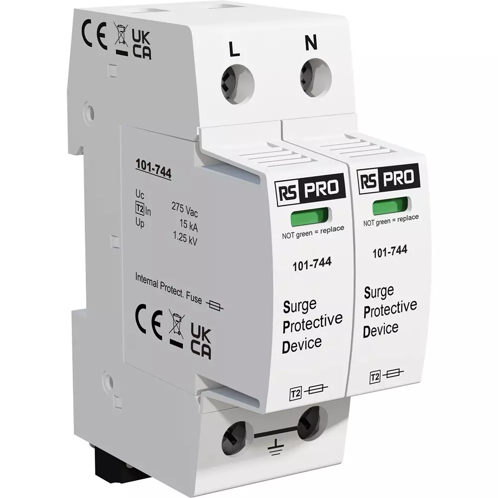 RS PRO Industrial Surge Protector DIN Rail Mount 1.25 kV Voltage 25 kA 36 mm Length, 101744