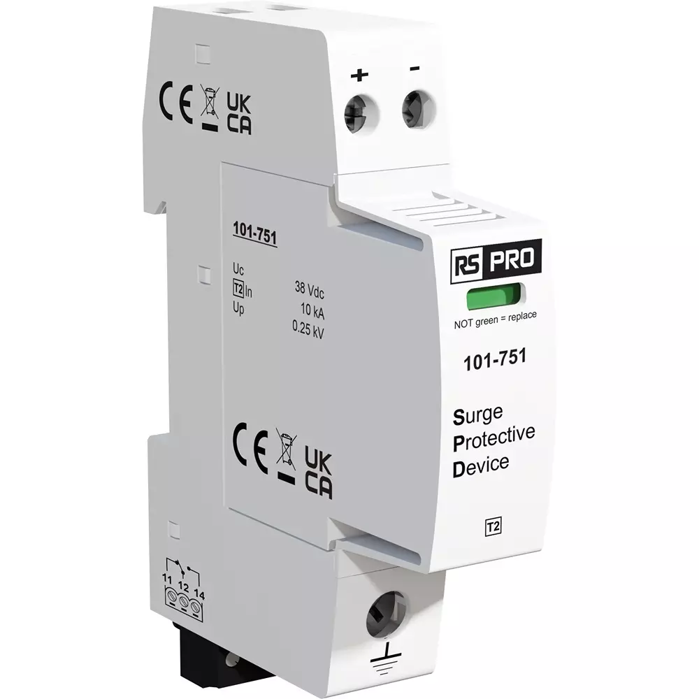 RS PRO Industrial Surge Protector DIN Rail Mount 250 V Voltage 20 kA 18 mm Length, 101751