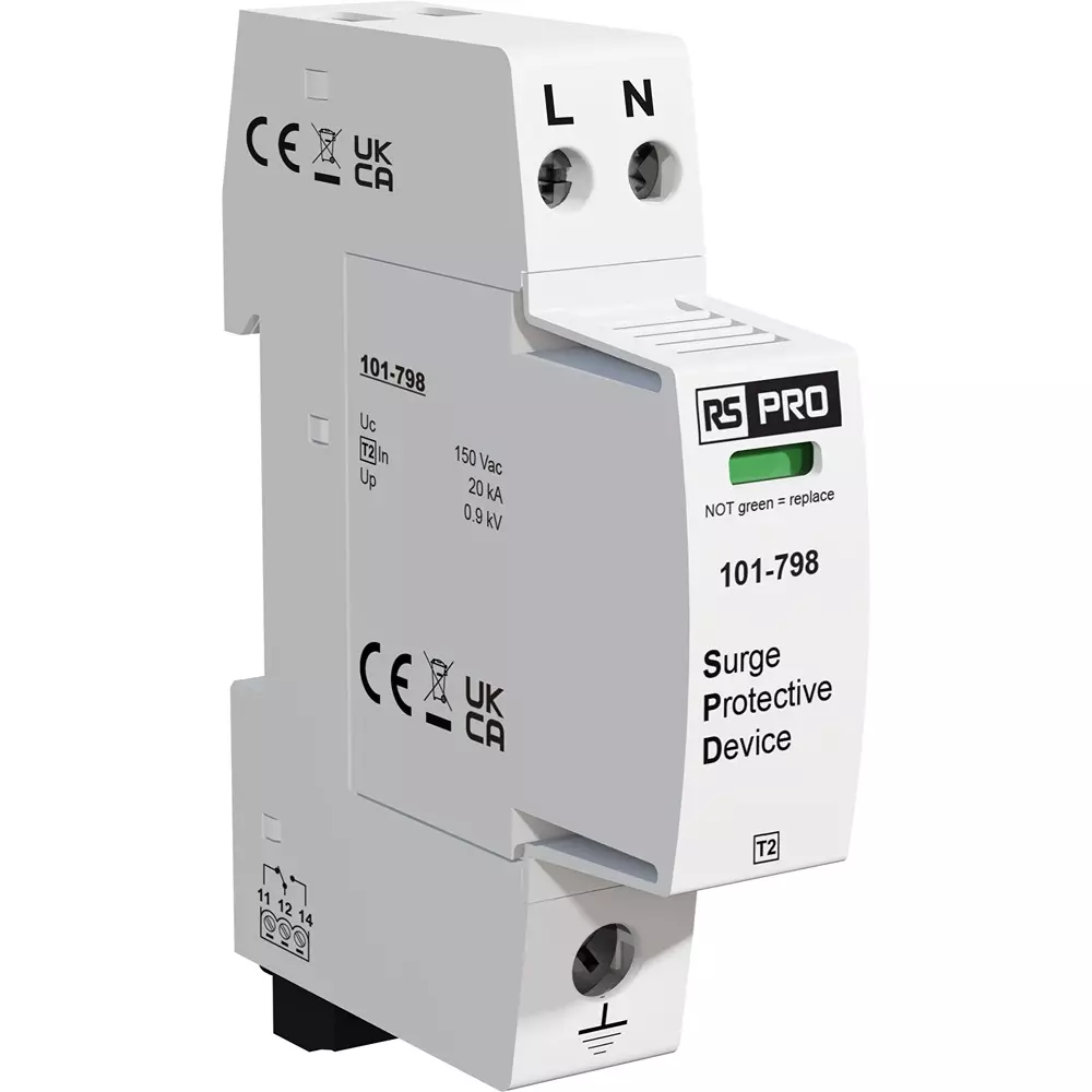 RS PRO Industrial Surge Protector DIN Rail Mount 0.9 kV Voltage 40 kA 18 mm Length, 101798