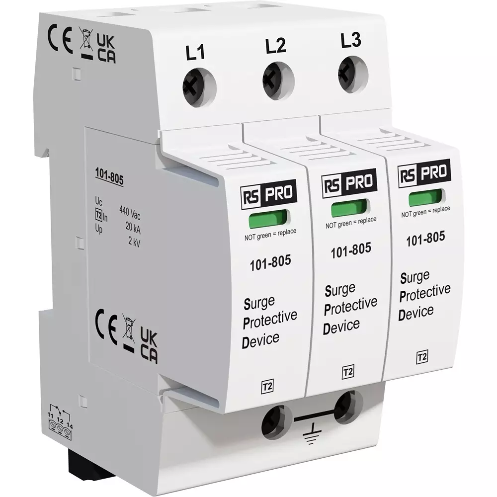 RS PRO Industrial Surge Protector DIN Rail Mount 2 kV Voltage 50 kA 54 mm Length, 101805