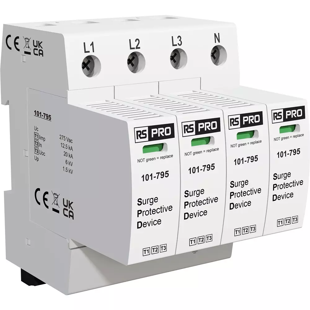 RS PRO Industrial Surge Protector DIN Rail Mount 90 mm -40°C 85°C 3 50 kA, 101795