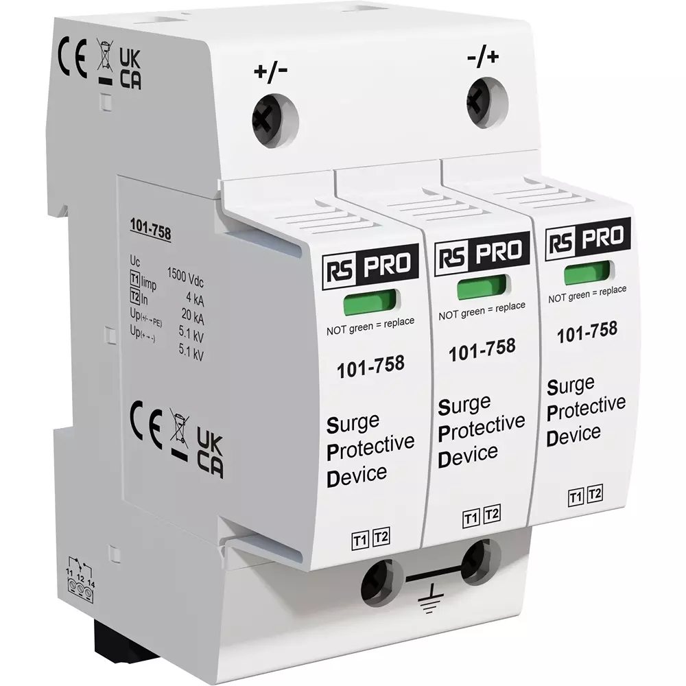 RS PRO Industrial Surge Protector DIN Rail Mount 90 mm Type 1+2 DC -40°C 85°C 50 kA, 101758
