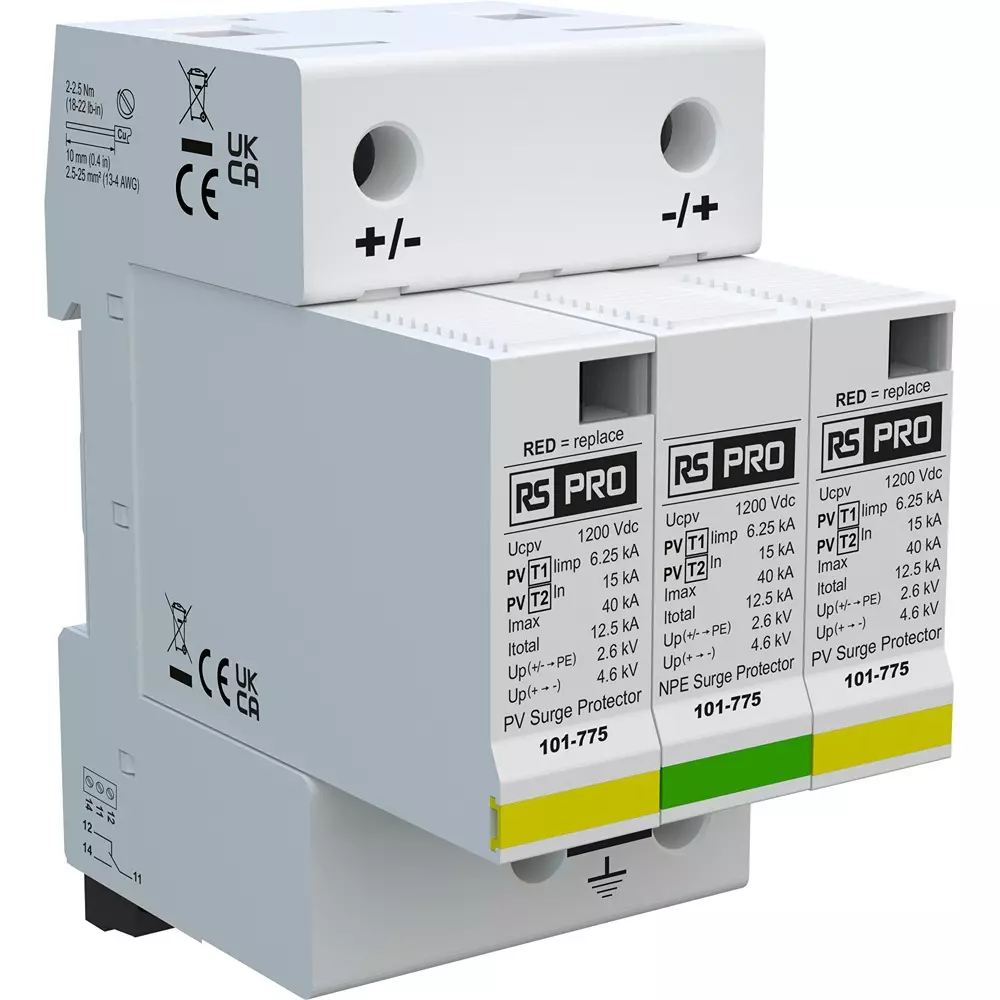 RS PRO Industrial Surge Protector DIN Rail Mount 4.6 kV Voltage 40 kA 54 mm Length, 101775