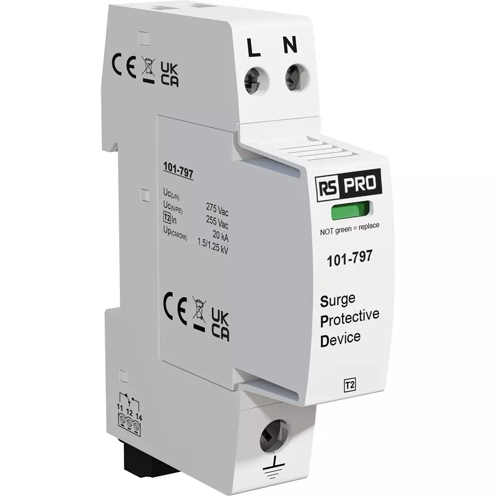 RS PRO Industrial Surge Protector DIN Rail Mount 90 mm -40°C 85°C 40 kA 1.25 kV, 101797